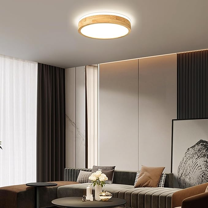 Pevfah Modern Dimmable Wood Flush Mount Ceiling Light, 2700K-6000K 5CCT Round Close to Ceiling Lighting Fixtures, Minimalist LED Ceiling Lamp for Bedroom, Kitchen, Hallway, Living Room-15.74in