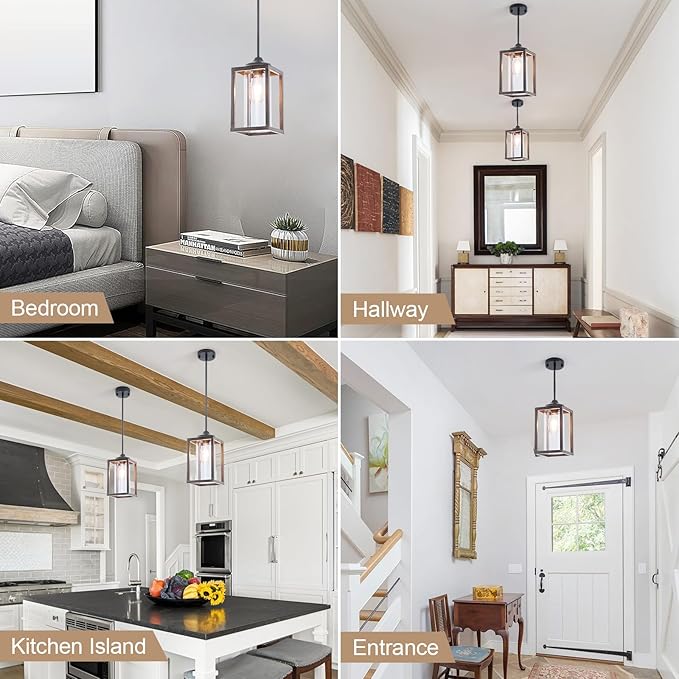 Farmhouse Pendant Light in Wood and Metal Cage, Rustic Pendant Light with Glass, Adjustable Hanging Light Fixtures, Mini Pendant Lighting for Kitchen Island, Hallway, Foyer (Square Brown-2 Pack)