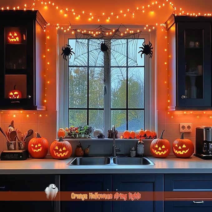 JMEXSUSS 2 Pack 100 LED Orange Halloween Lights Outdoor, 33ft Connectable Orange String Lights Indoor for Halloween with 8 Modes, Clear Wire Fall Lights Plug in for Thanksgiving Christmas Decorations