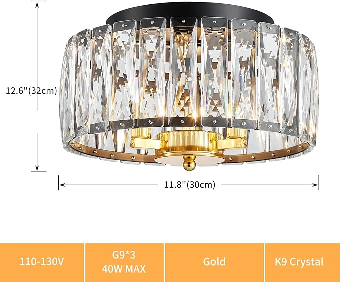K9 Crystal Ceiling Light, 3-Light Modern Flush Mount Ceiling Light Fixture for Living Room, Dinning Room Hallway, D12 × H6 inch, Black & Gold Finish Frame & K9 Crystal