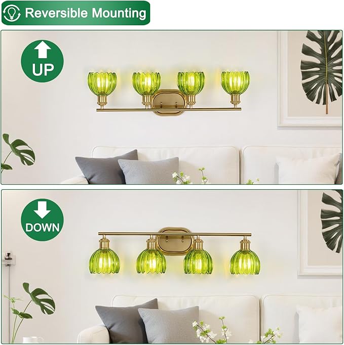 Gold Bathroom Light Fixtures, 4-Light Vanity Lights for Bathroom with Ribbed Green Tulip Glass Shade, Brass Wall Scone Lighting Over Mirror for Farmhouse,Bedroom,Living Room,Hallway