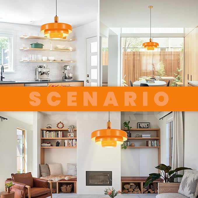 Orange Pendant Light with Wooden Dome, 3-Layer Metal Shade Mid Century Chandelier, Minimalist Industrial Hanging Light for Dining Room, Farmhouse Sink, Office