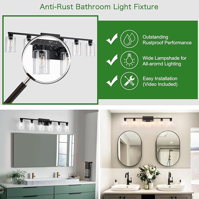 6-Light Bathroom Vanity Light Black ,Vanity Lights Rust Proof Moisture-proof Easy to Cleanwith Clear Glass Shades Large Black Bathroom Light Fixture for Bathroom for Mirror Bathroom Wall Light
