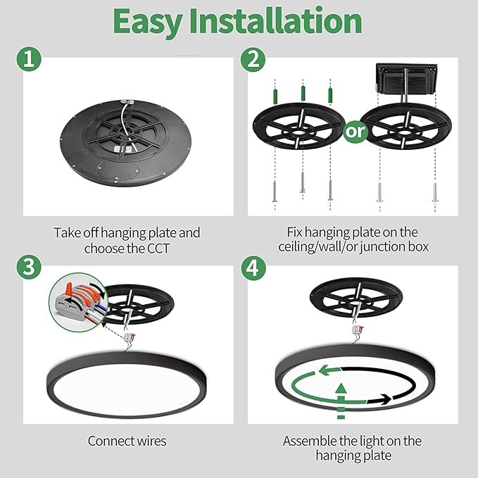 20 Inch Large LED Flush Mount Ceiling Light with Remote,40W,4350LM,3000K-6000K Selectable,Black Round Flat Panel Low Profile Ceiling Light Fixture for Kitchen,Bedroom,Hallway,Bathroom