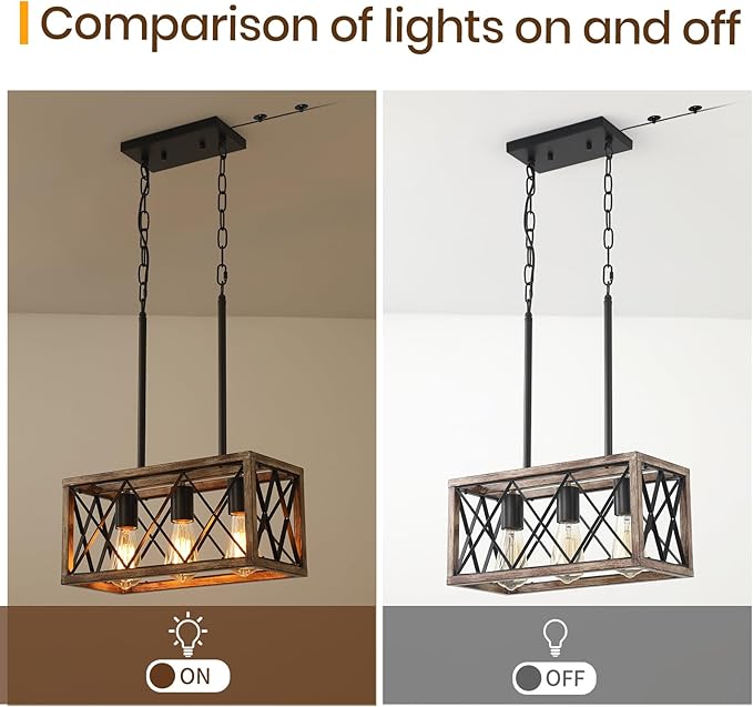 Plug in Pendant Light，3-Light Dining Room Light Fixture Over Table,Plug in Chandelier for Kitchen Sink，Farmhouse Metal Kitchen Pendant Lighting Over Island, Wood Grain Finish.