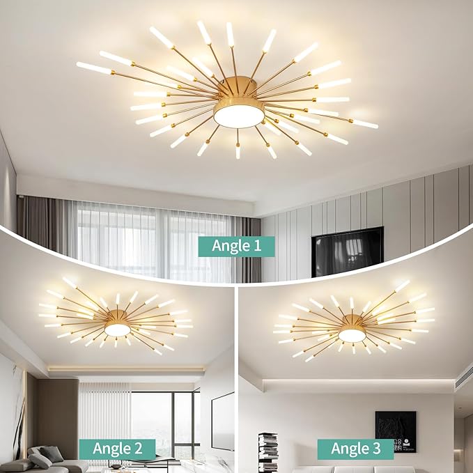ziidoo Modern Ceiling Light, 28+1 Lights Metal Firework Designed Chic Led Lighting Fixture for Farmhouse Kitchen Dining Room Bedroom Hallway Living Room (Gold and Dark Gold)