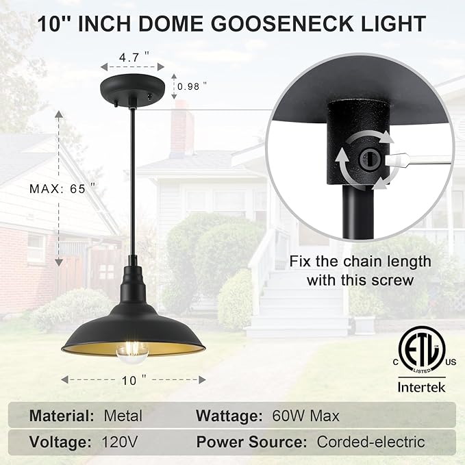 10in Dome Farmhouse Pendant Lights Black and Brass Kitchen Island Hanging Light Fixture for House, Outdoor Barn Pendant Ceiling Lighting for Dinning Room, Entryway, Deck, Adjustable Length