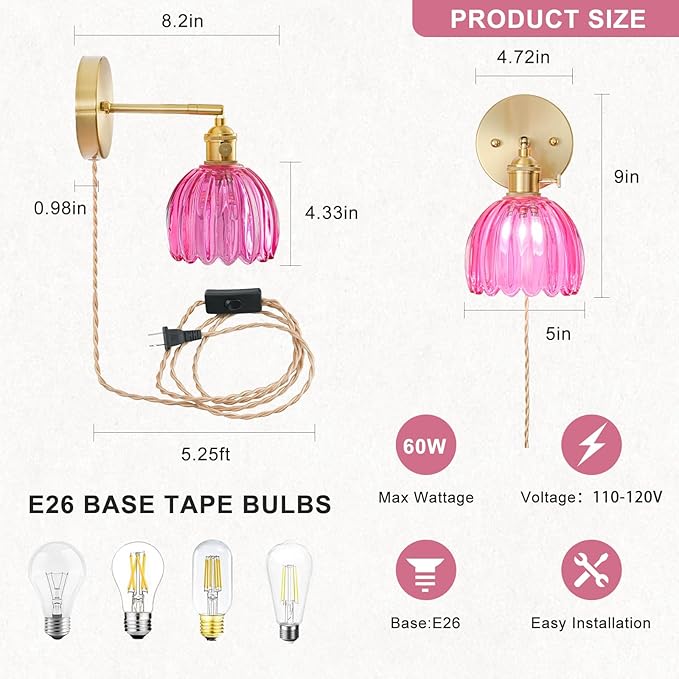 Plug in Wall Sconces Set of 2, Vintage Wall Sconce Light with Tulip Ruby Red Glass Lampshade, Bedroom Wall Sconce with Switch and Plug in wall lamp Cord, Gold Wall Light Wall Decor Set of 2