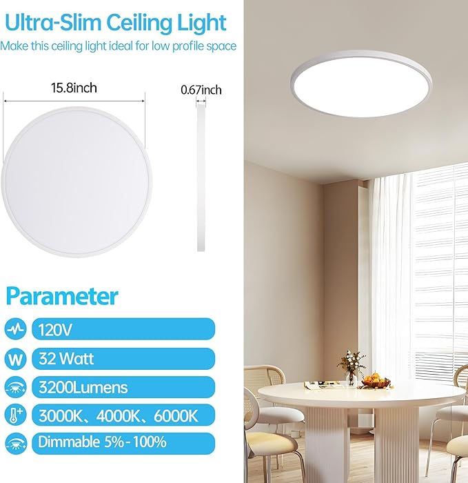 4PK 15.8 Inch Dimmable Flush Mount LED Ceiling Light Fixture, 32W,3200LM,3000K/4000K/6000K CCT Selectable,0.67 inch Super Slim LED Ceiling Light for Bedroom,Hallway,Kitchen
