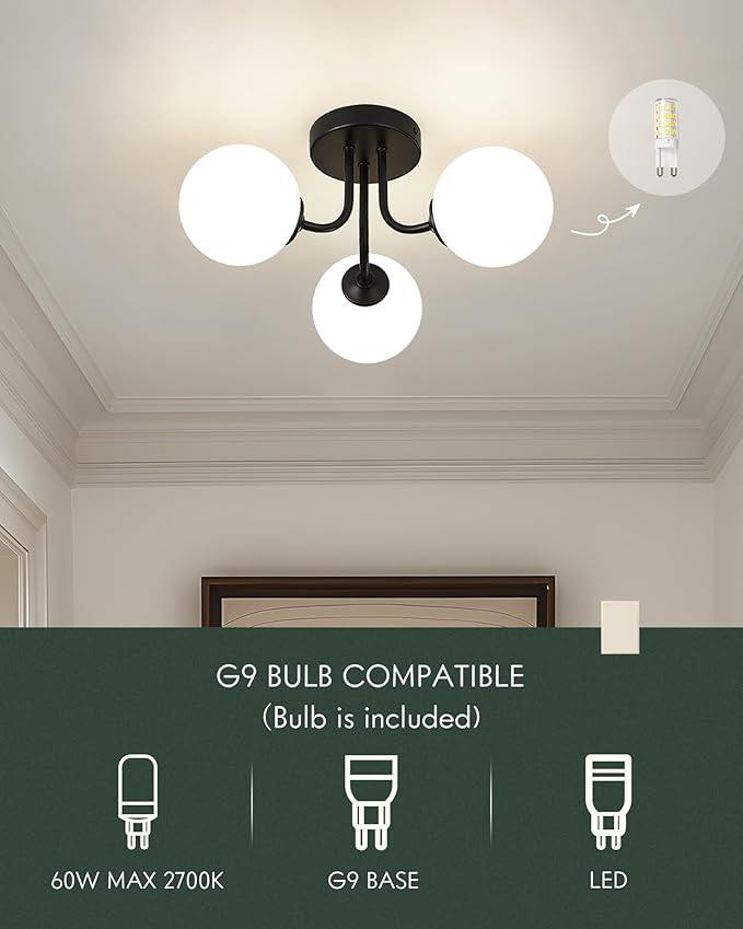 3-Globe Black Flush Mount Ceiling Light in a Modern Farmhouse Design is Ideal for Living Rooms, Bedrooms, or Dining Rooms. Model:CKCL4845-3W-BK，(Bulb Incl)