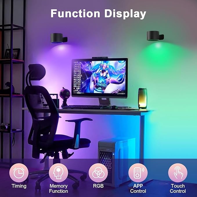Lightess Smart LED Wall Sconces Set of 2, Dimmable Wall Mounted Lamp with RGB Mode & APP Control, 5000mAh Rechargeable Battery Operated Wall Light for Bedroom Reading Bedside, Black