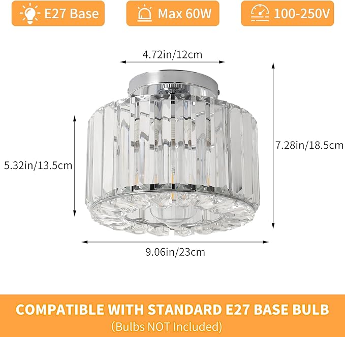 Crystal Ceiling Light, Semi Flush Mount Ceiling Light Silver Crystal Chandelier for Bedroom Kitchen Hallway Entrance Balcony Dining Rooms Living Rooms Bar