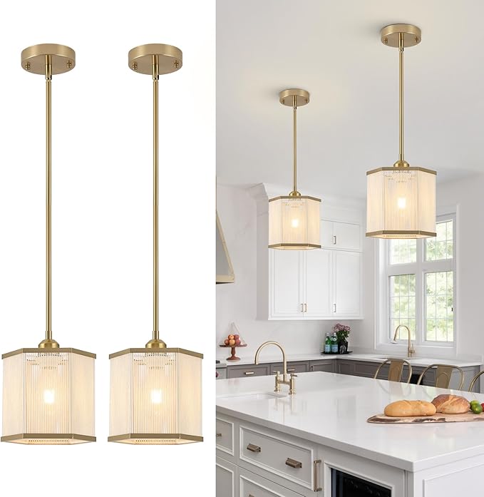2-Pack Gold Woven Pendant Lights, 7.67" Mini Boho Rattan Hanging Pendant Light Fixtures, Modern Hexagonal Island Lights for Kitchen Island, Foyer, Hallway, E26 Base, Brass