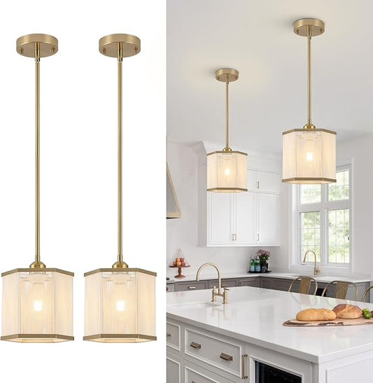 2-Pack Gold Woven Pendant Lights, 7.67" Mini Boho Rattan Hanging Pendant Light Fixtures, Modern Hexagonal Island Lights for Kitchen Island, Foyer, Hallway, E26 Base, Brass