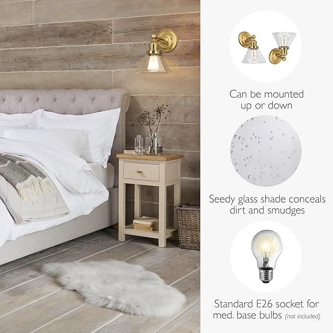 Design House Augustin Wall Sconce, 1-Light, Seeded Glass Warm Glow, Dimmable, Up/Down Glow, Easy Installation, E26 Socket, Satin Gold, 7.9 in L x 8.5 in D x 11.1 in H, 589028-SG