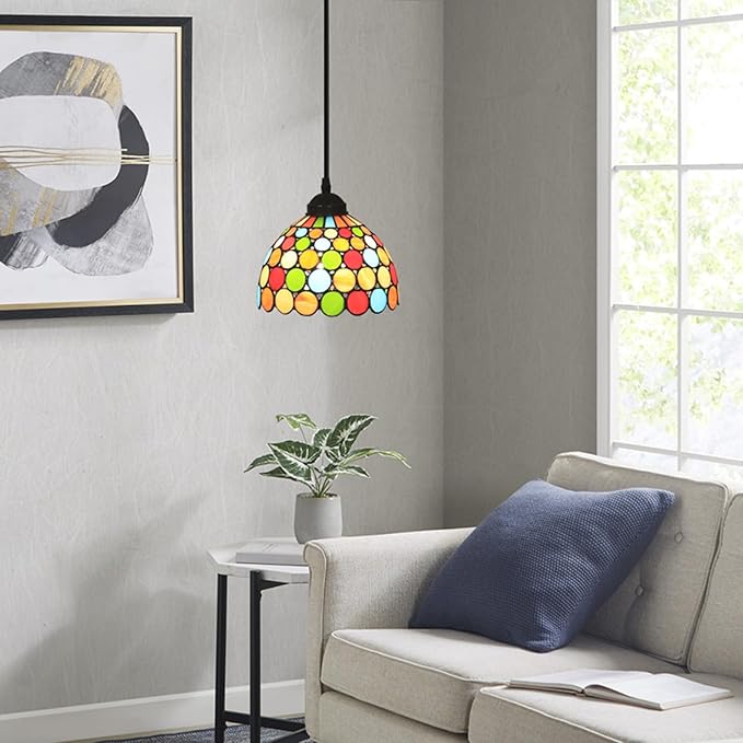 Stained Glass Hanging Lamp, Small Pendant Lights, Height Adjustable Vintage Chandelier Light Fixture, Wide 8 Inch