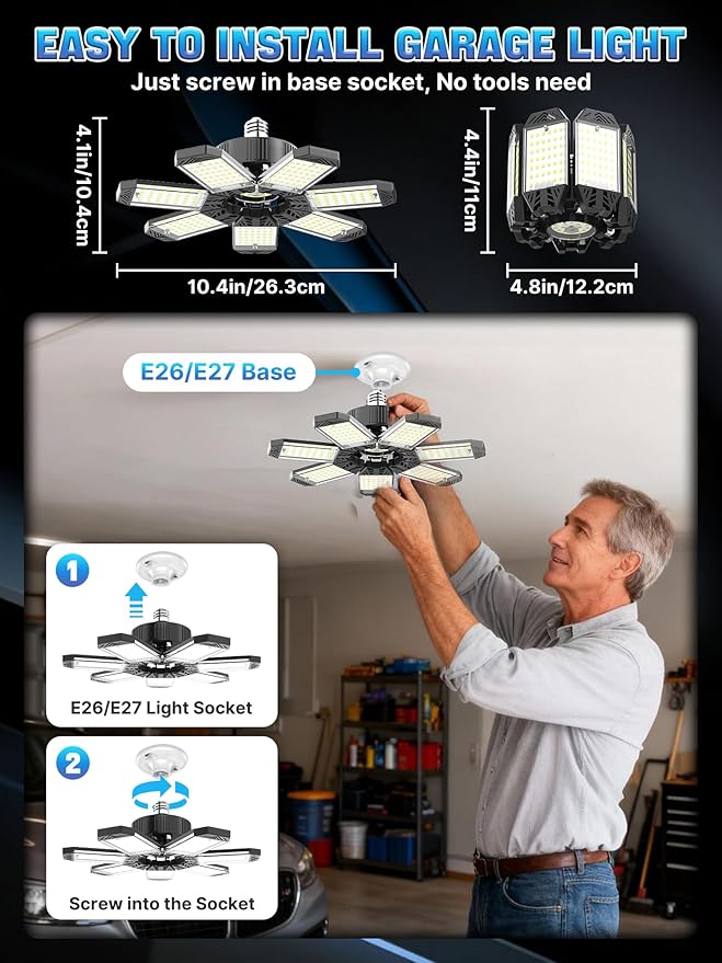 LED Garage Light 200W, 2 Pack 20000LM Bright Garage Lights Ceiling Led with 7 Adjustable Panels, 6500K Shop Lighting Screw in E26/E27 Bulb Socket, LED Lights for Shop Barn Basement Bay