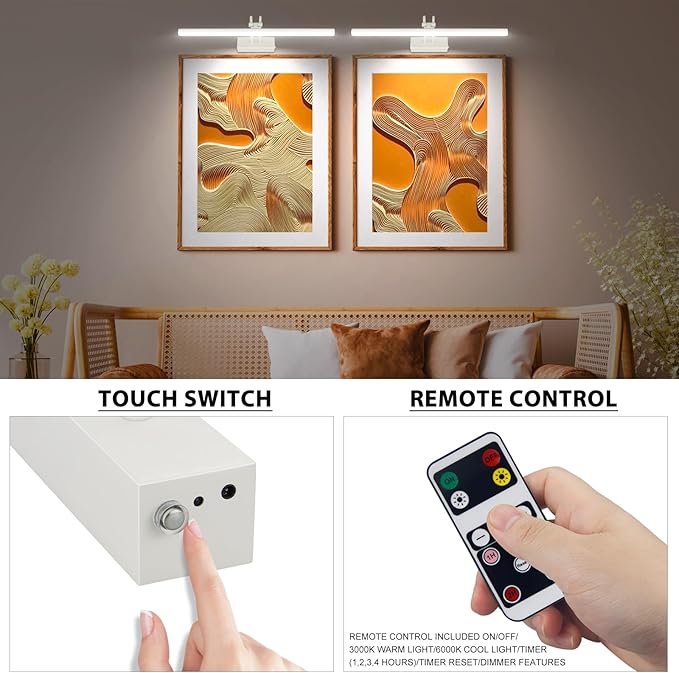 RAIFOOLLY Picture Light, Picture Lights for Wall Cordless, 16inch Picture Lights with Timer and Dimmable, Battery Wall Lights for Display Gallery Painting Art Frame Portrait - White Metal