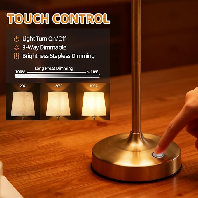Deogos Cordless Table Lamp Gold with Dimmer, 4000mAH Battery Operated Lamp Rechargeable, 3 Color Temperature Touch Control Fabric Desk Light for Dining Room, Bedroom, Bar, Patio, Counter, Restaurant