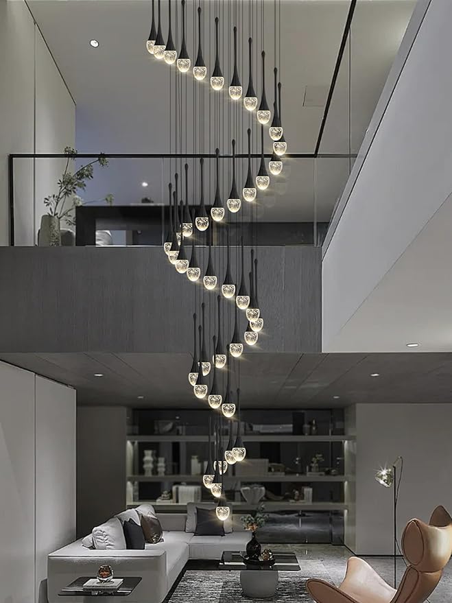 ykolupty Staircase Chandelier 42-Lights Crystal Ceiling Lights Adjustable Length 197inches Large Chandeliers for High Ceilings, Entryway Lighting Fixture Black