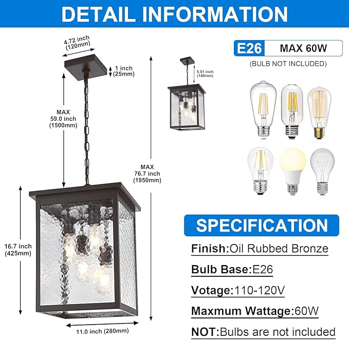 16.7'' Large Outdoor Pendant Light, 4-Lights Black and Brushed Brass Exterior Hanging Porch Chandelier Lantern with Hammer Glass, Outdoor Ceiling Light Fixture for Entryway Gazebo Patio