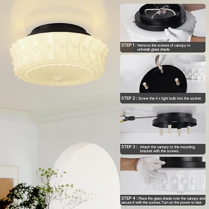 White Milk Glass Ceiling Light Fixture, 13.8'' Flush Mount Lighting for Bedroom, Hallway, Kitchen & Dining Room, Vintage Mid Century Design, 4 LED Bulbs Included, Ideal for Modern Farmhouse