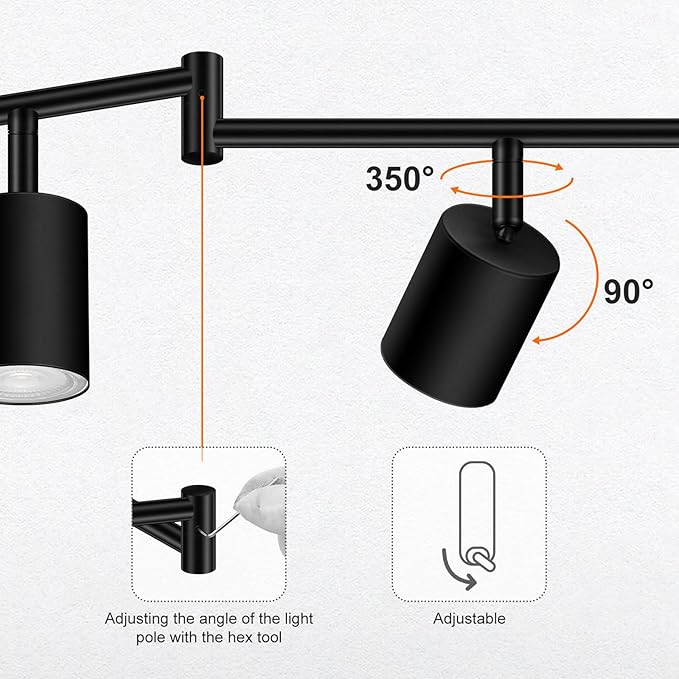 Track Lighting Fixture Ceiling, 44.3" Modern LED Track Lighting Kit, Black 6 Light Ceiling Light for Kitchen, Rotatable Spotlight Heads, Wall Mount Spot Lighting for Island/Bedroom(GU10, NO Bulb)