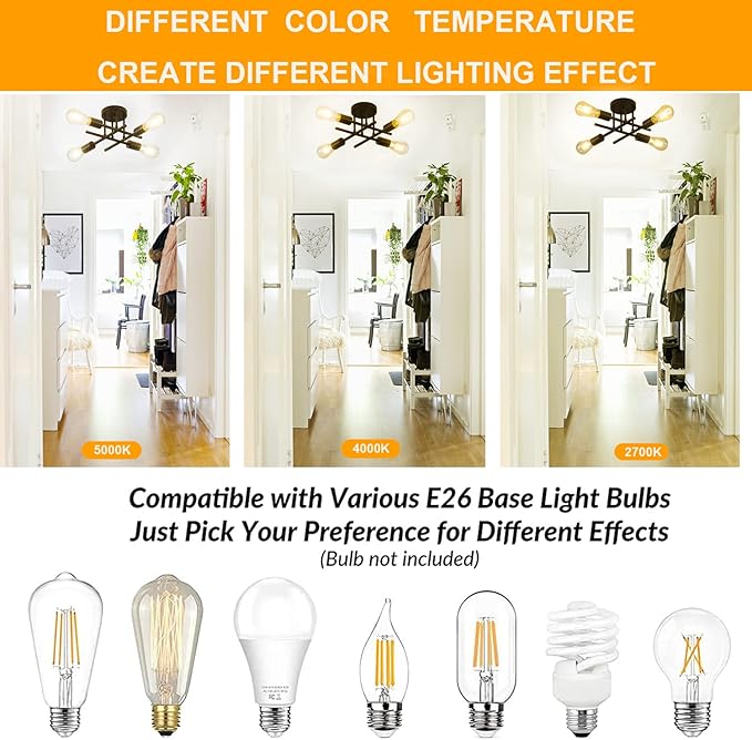 Modern Semi Flush Mount Ceiling Light Fixture,4-Light Farmhouse Light Fixtures Ceiling Mount,Industrial Chandelier Ceiling Lamp for Living Room Bedroom Kitchen Hallway,Bulb Not Included(Black)