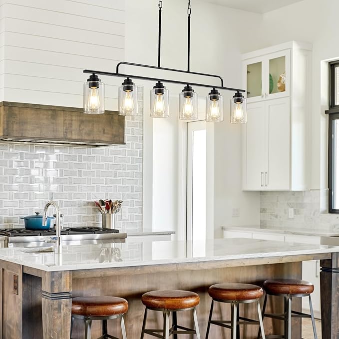 Dining Room Light Fixture - Black 6-Light Farmhouse Chandelier Kitchen Island Lights Fixtures Modern Linear Chandeliers Hanging Pendant Lighting Over Table for Dining Room