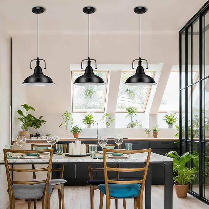 Industrial Farmhouse Pendant Light, 12" Metal Hanging Ceiling Lamp with 5FT Cord for Hallway, Kitchen Island, Sink, Dining Room, Living Room, Bar Counter, Foyer, E26 Socket, Black (Bulb Not Included)