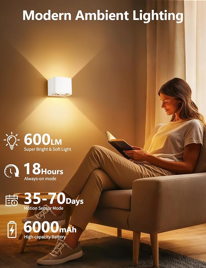 Motion Sensor Wall Lights, Wireless Rechargeable Wall Sconce with Remote Control, 10-100% Dimmable 2700-6500K, Adjustable Beam Angle, 3 Modes, 5000mAh White Wall Lamp for Bedroom, Hallway, 2-Pack