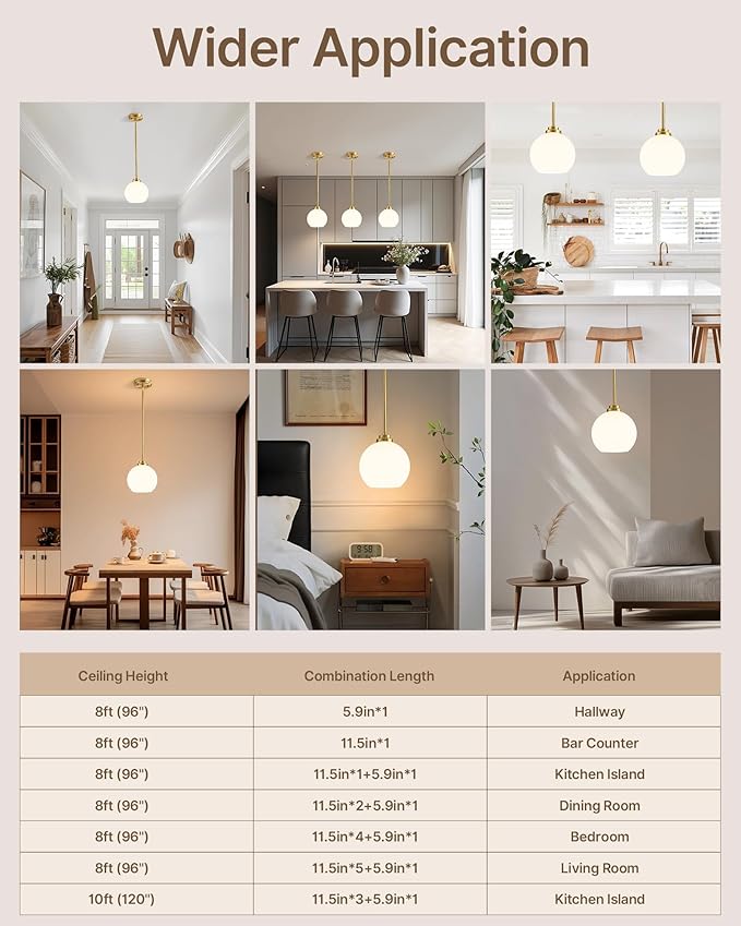 Majade Globe Pendant Lights Kitchen Island Pendant Light Fixtures 7.4 Inch Gold Mid Century Modern Brushed Brass Pendant Lighting with Milk Glass Adjustable Hanging Light Fixtures for Dining Room