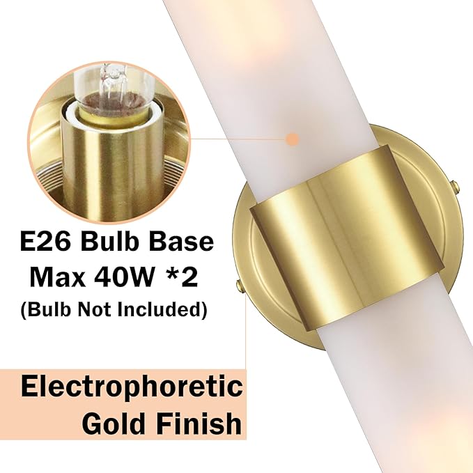 DAYCENT Gold Bathroom Light Fixtures 2-Light Frosted Glass Wall Sconce Modern Brass Glass Wall Light Fixtures Cylinder Vanity Lights Bedside Mirror Lighting for Hallway Bedroom, 20" H