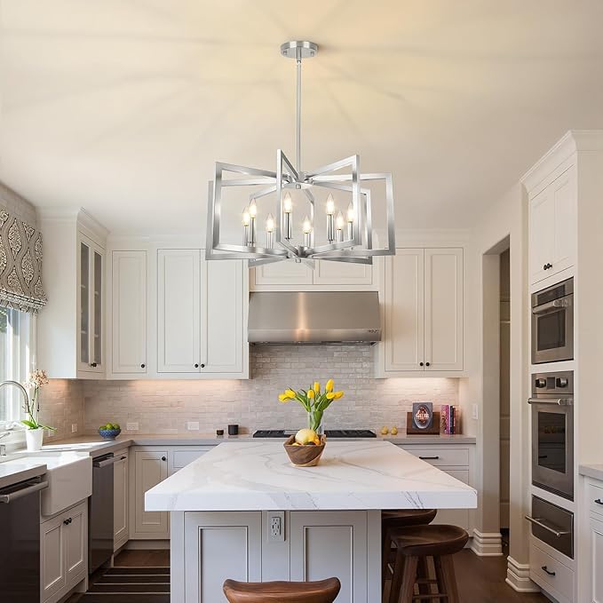 8-Light Brushed Nickel Chandelier, Farmhouse Dining Room Light Fixture, Modern Chandelier, Geometric Industrial Metal Hang Lighting Fixture for Foyer Entryway Kitchen Over Table Hallway Living Room
