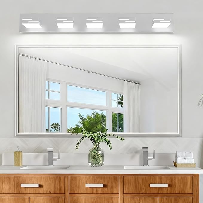 LED Modern Bathroom Vanity Light Fixtures, 5-Light 34-inch Dimmable Chrome Vanity Lights for Bathroom Lighting Fixtures Over Mirror, with 360° Rotatable Heads (Cool White 6000K)