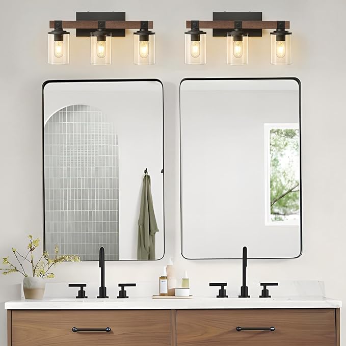 GoYeel Bathroom Light Fixtures Over Mirror, Black Farmhouse Vanity Light Rustic Vintage Wood Bathroom Wall Light Fixtures 3 Light with Clear Glass Shade for Bedroom Hallway
