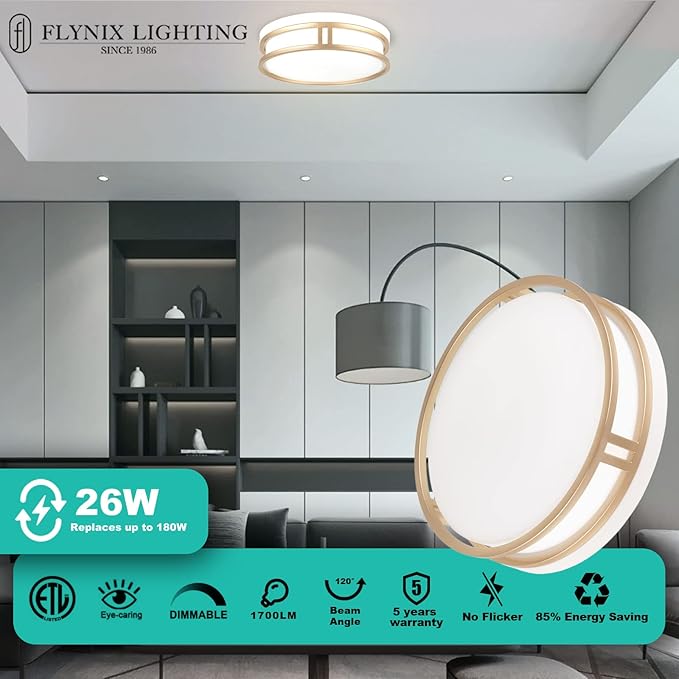 12.5 Inch LED Flush Mount Ceiling Light Fixture, 26W, Super Bright 1700 Lumens, 3 Color 3000K/4000K/5000K, Dimmable Ceiling Lamp for Bedroom Hallway Bathroom Kitchen (White Gold)