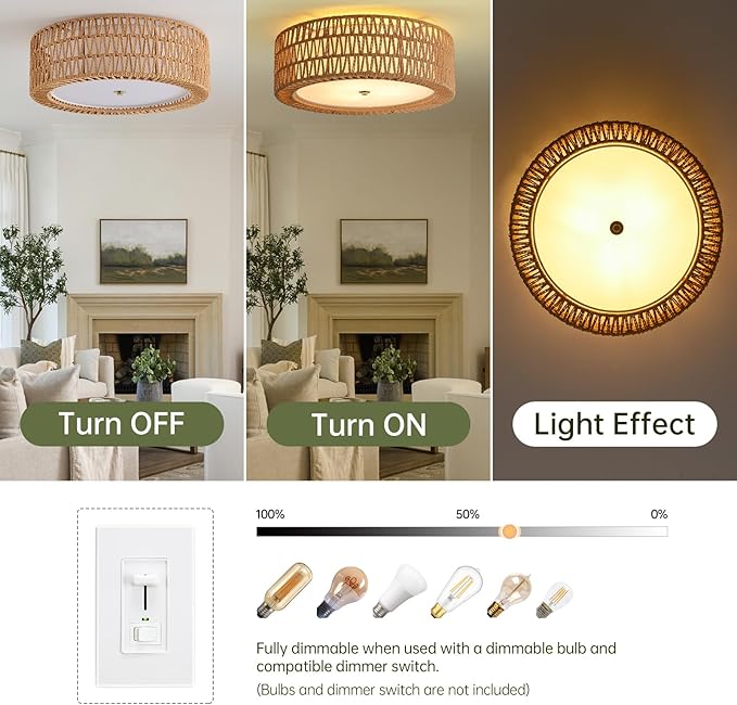 Modern Flush Mount Ceiling Light, 4-Light Boho Rattan Light Fixture Large Gold Ceiling Light Bedroom Light Fixtures for Living Room Dining Room Kitchen Foyer