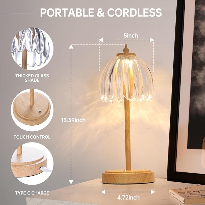 Shenmoyl Tulip Table Lamp with 5200mAh Battery & Touch Control, Small Cordless Table Lamp with 3 Colors, Rechargeable Battery Operated Table Lamps for Bedroom, Desk, Bedside (Transparent-Beech Color)