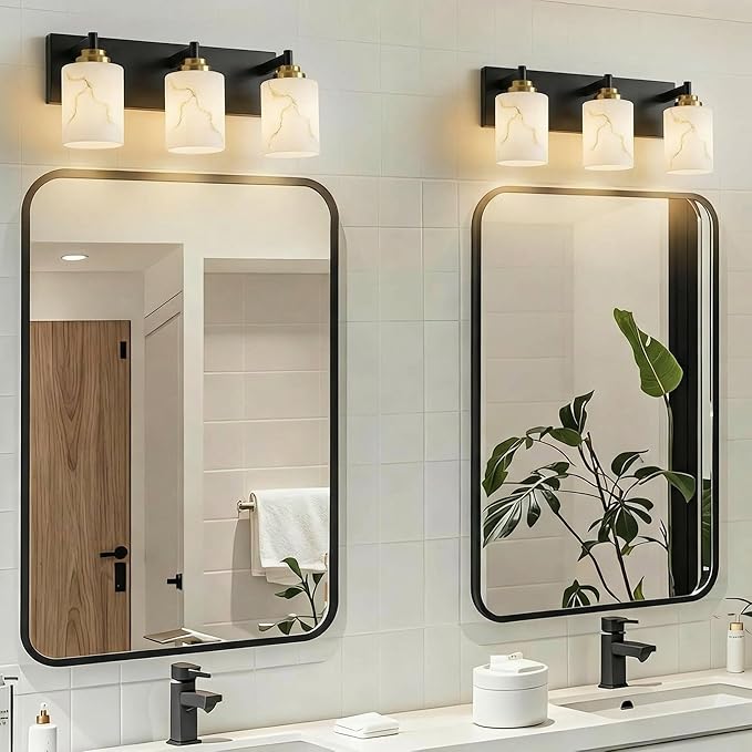 3-Light Bathroom Light Fixture, Black and Gold Modern Vanity Light with White Marble Glass Shade, for Bathroom Mirror, Living Room, Bedroom, Hallway, E26 Base, Extended Base