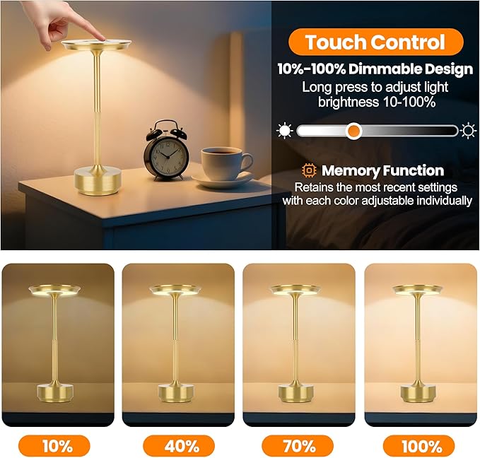 2-Pack Cordless Table Lamp Rechargeable 5000mAh, 3-Color Stepless Dimming Touch Sensor, Portable LED Desk Light for Bedroom, Nightstand, Camping, Patio (2-Pack Gold)
