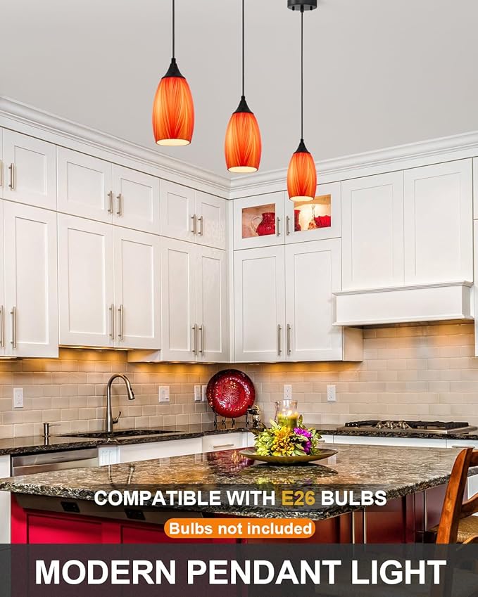 ANYLOVE Vintage Art Orange Pendant Lighting,1-Pack Hand Glass Hanging Light Fixture,Adjustable Cord for Kitchen,Hallway,Dining Room