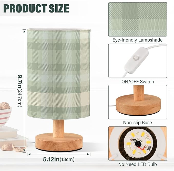 Aslsiy Sage Green Plaid Bedside Table Lamp Checked Nightstand Lamp Night Light Fabric Shade for Bedroom Living Room Home Office