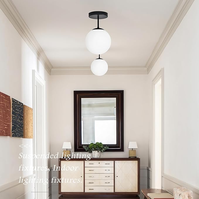 8" Black Semi Flush Mount Ceiling Light Fixture Milk Glass Globe Ceiling Light Fixtures Hallway Light Fixtures Mid Century Ceiling Lights Matte Black Finish for Entryway Foyer (Bulb Incl.)
