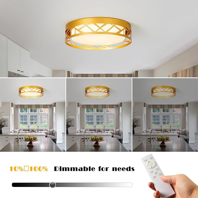 Modern Dimmable LED Flush Mount Ceiling Light with Remote, 2400LM 2700K-6500K Adjustable 12 Inch Bedroom Ceiling light with Night Light for Kitchen Hallway Bathroom Living Room (Gold, Vertical)