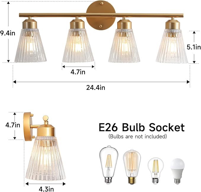 4-Light Bathroom Vanity Light, Painted Gold Bathroom Light Fixtures Over Mirror with Stripe Glass, Modern Wall Lamp, Wall Sconces Lighting for Living Room Bedroom Kitchen Hallway