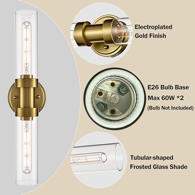 Modern 2-Light Gold Wall Sconce with Clear Glass Shade 20-Inch Brass Glass Bathroom Wall Light Fixtures for Hallway Staircase Living Room