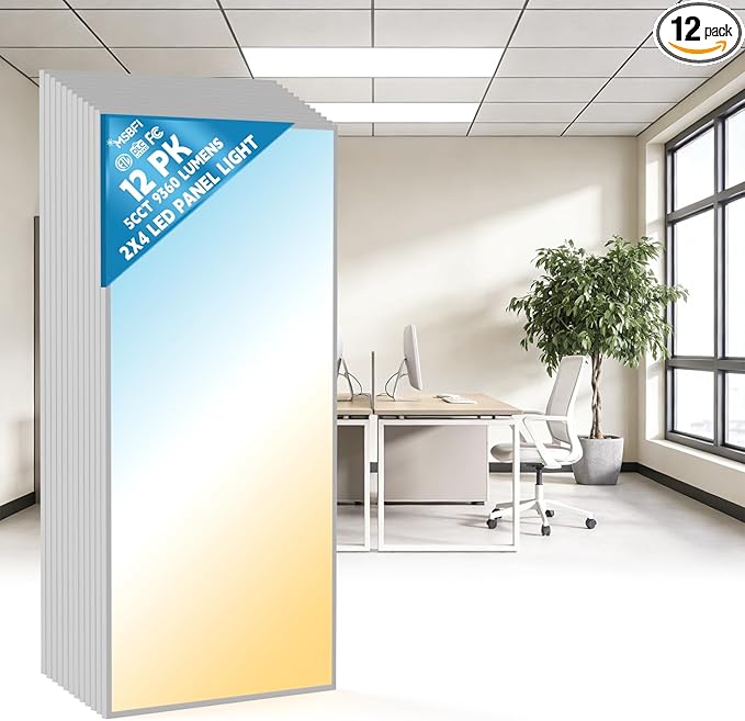 2x4 LED Flat Panel Light Drop Ceiling Office Fixture, 5 CCT 3000K-6500K Adjustable & 5 Wattage Selectable,0-10V Dimmable, 2X4 LED Flush Mount Ceiling Light, ETL Listed 12Pack