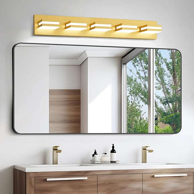 IZORRO LED Modern Bathroom Lights Fixtures(5-Light,Dimmable,360°Rotate),Brushed Glod Acrylic Wall Lighting,Vanity Lights for Bathroom Over Mirror - 6000k 30In （No Assembly Required）