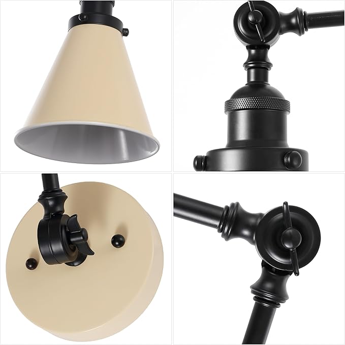 JONATHAN Y 7" Almond/Black Classic Industrial Metal Adjustable Arm LED Wall Sconce for Bedside Reading, Farmhouse Swing Arm Wall Lamp with Metal Shade, Hardwired (JYL7462F-SET2)